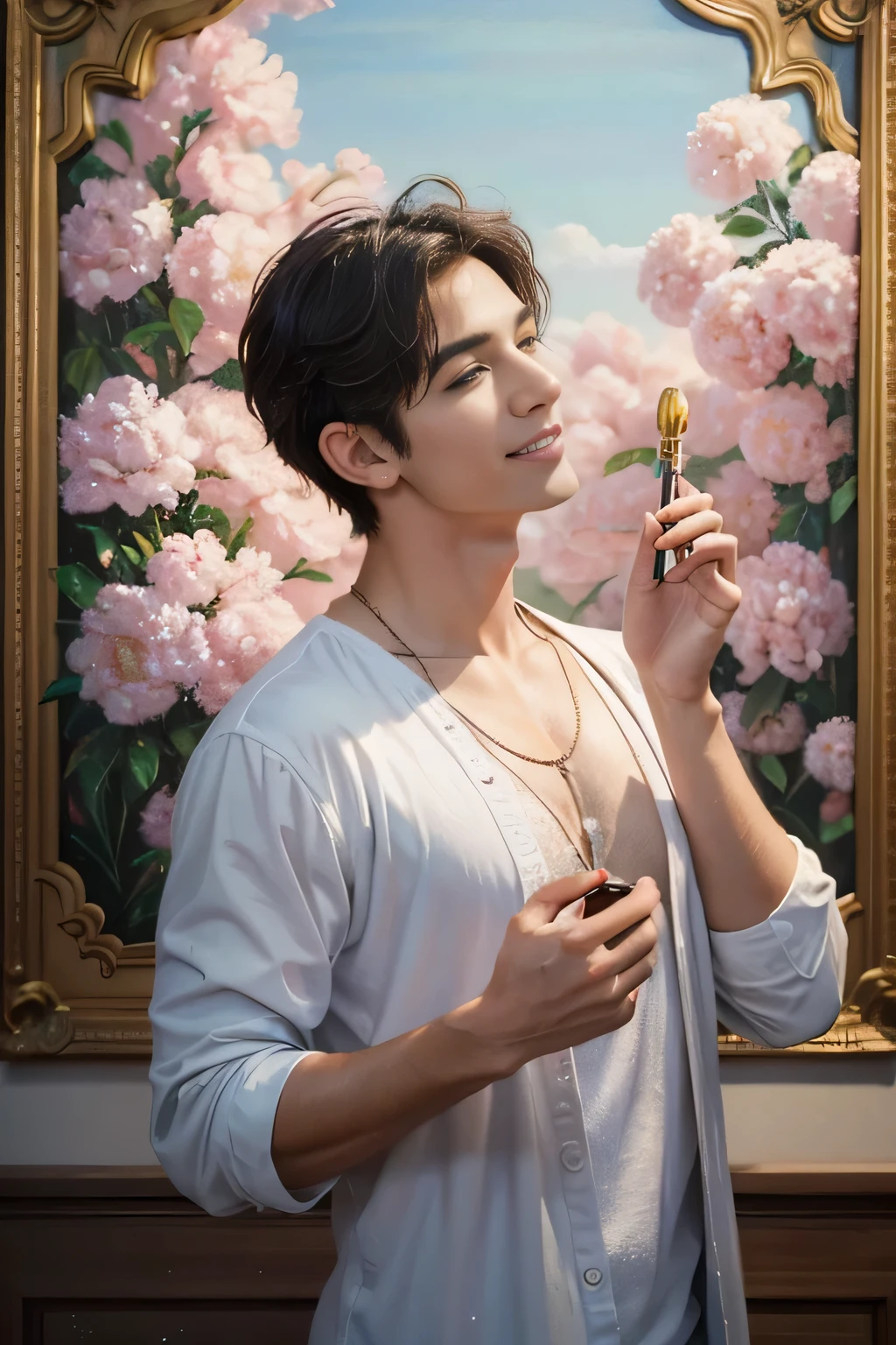 a muscular, 1 man, solo, smile , facing forward look to the viewer,,(oil painting:1.5), (NSFW:1.2), a man joyfully twirling in the raining paint, 1boy, short hair, floral, Lycianthus ,In light pink and light blue styles..., Dreamy and romantic composition..., dripping flowers on his face, in the style of collage-based, made of insects, william wegman, colorism, white background, pencil art illustrations, national geographic photo, luxurious, extravagant, stylish, , opulent, elegance, stunning beauty, professional, high contrast, detailed, Depict a dreamy, whimsical scene with elements that seem to merge with the background