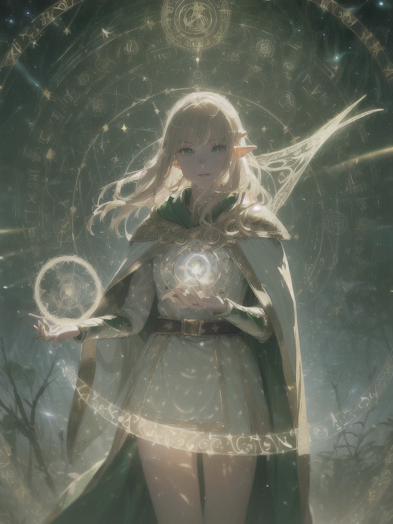((Masterpiece, Best Quality, High Definition, High Detail)))), ((((Fantasy))), One, (Elf Woman))))), (White Short Skirt with Gold Embroidery), (Blonde Long Straight Hair), (Fine Dark Green Eyes)))), (Green cloak armor with gold embroidery)), Big, (Strong Wind), (Cast spell)), (A lot of glowing grains are flying), ((( A vortex of light gathers in the hand))), ((((Magic circle of light with magic patterns and letters densely drawn in the background))), forest, (magic circle is reflected in the cloak)