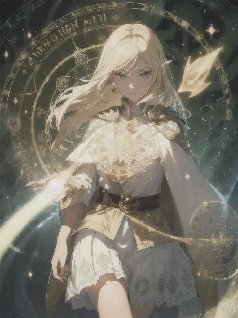 ((Masterpiece, Best Quality, High Definition, High Detail)))), ((((Fantasy))), One, (Elf Woman))))), (White Short Skirt with Gold Embroidery), (Blonde Long Straight Hair), (Fine Dark Green Eyes)))), (Green cloak armor with gold embroidery)), Big, (Strong Wind), (Cast spell)), (A lot of glowing grains are flying), ((( A vortex of light gathers in the hand))), ((((Magic circle of light with magic patterns and letters densely drawn in the background))), forest, (magic circle is reflected in the cloak)