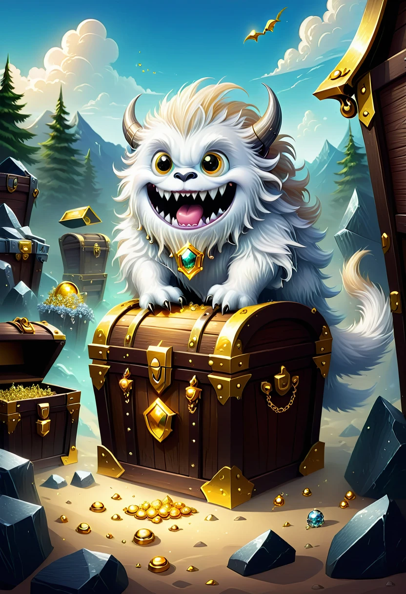 Vector art minimalist logo illustration of cute white hairy monster jumping out of treasure chest,There is a pile of gold and silver jewelry next to the treasure chest vector art type, detailed, Beautiful artistic rendering in clean minimalist cartoon style
