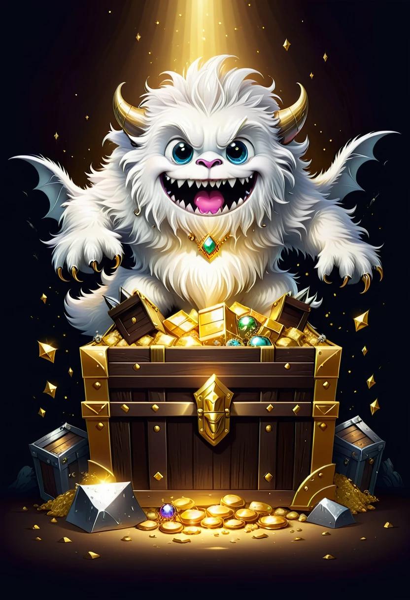Vector art minimalist logo illustration of cute white hairy monster jumping out of treasure ，There is a pile of gold and silver jewelry next to the treasure  vector art type, detailed, Beautiful artistic rendering in clean minimalist cartoon style