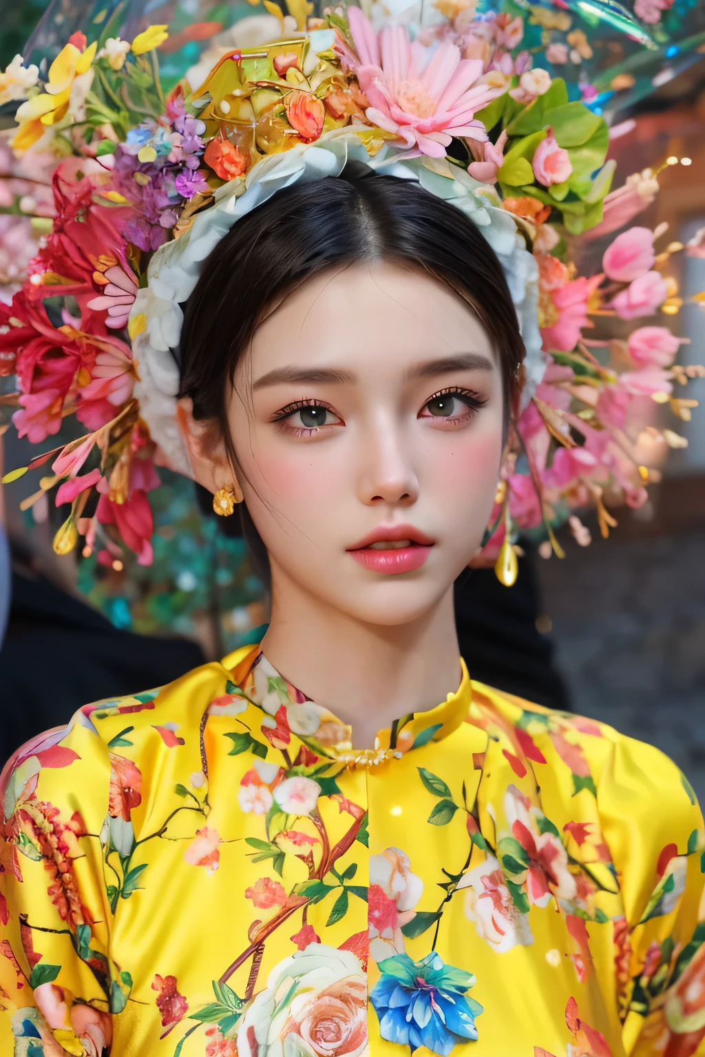 Game Art，CG Animation，Best image quality，Maximum resolution，8K picture quality，(A bust photo)，(portrait)，(Head close-up)，(Rule of Thirds)，Unreal Engine 5 rendering works，20 year old girl，((Queen))，The eyes are very detailed，(Large Breasts)，Elegance and nobility，Light，Light line tracing，Game CG，((3D Unreal Engine))，OC rendering reflection mode，4K，Ultra-clear，Translucent lace，Fair and plump figure，Pretty Face，Light Gel Coat，The Queen in a luxurious dress，Gorgeous clothing，Colorful makeup，Luxurious diamond necklace，Wearing a flower crown on his head