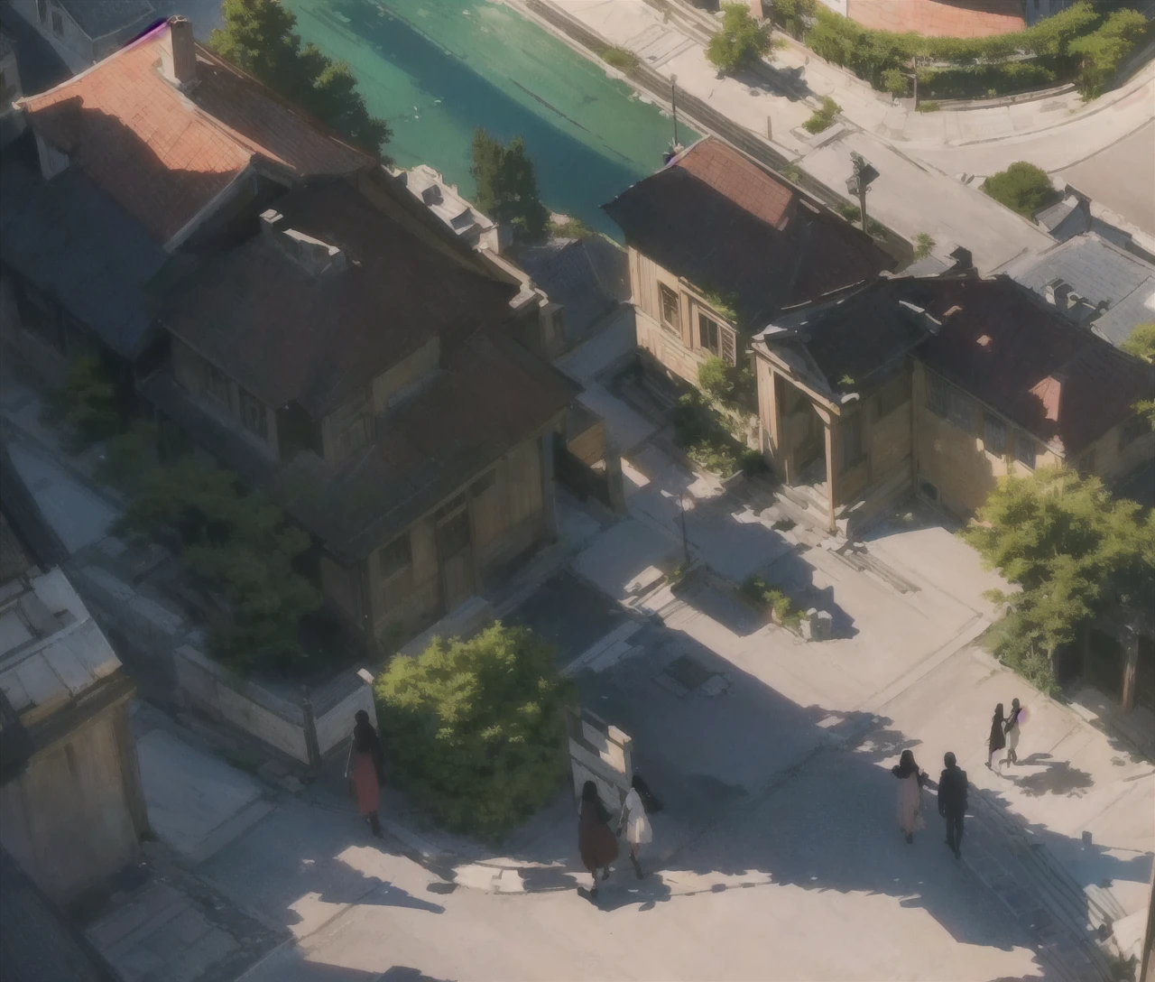 A town,middle Ages,Top view,Next to the square,red roof house,street,Many people walking on the street,Happy Breath,People live in peace, Concept Art, Complex Realism, Real photos of the town, 高度逼真的Concept Art, ismail inceoglu and ngya, Martin Raphael Lacoste, High Detail, 8K
