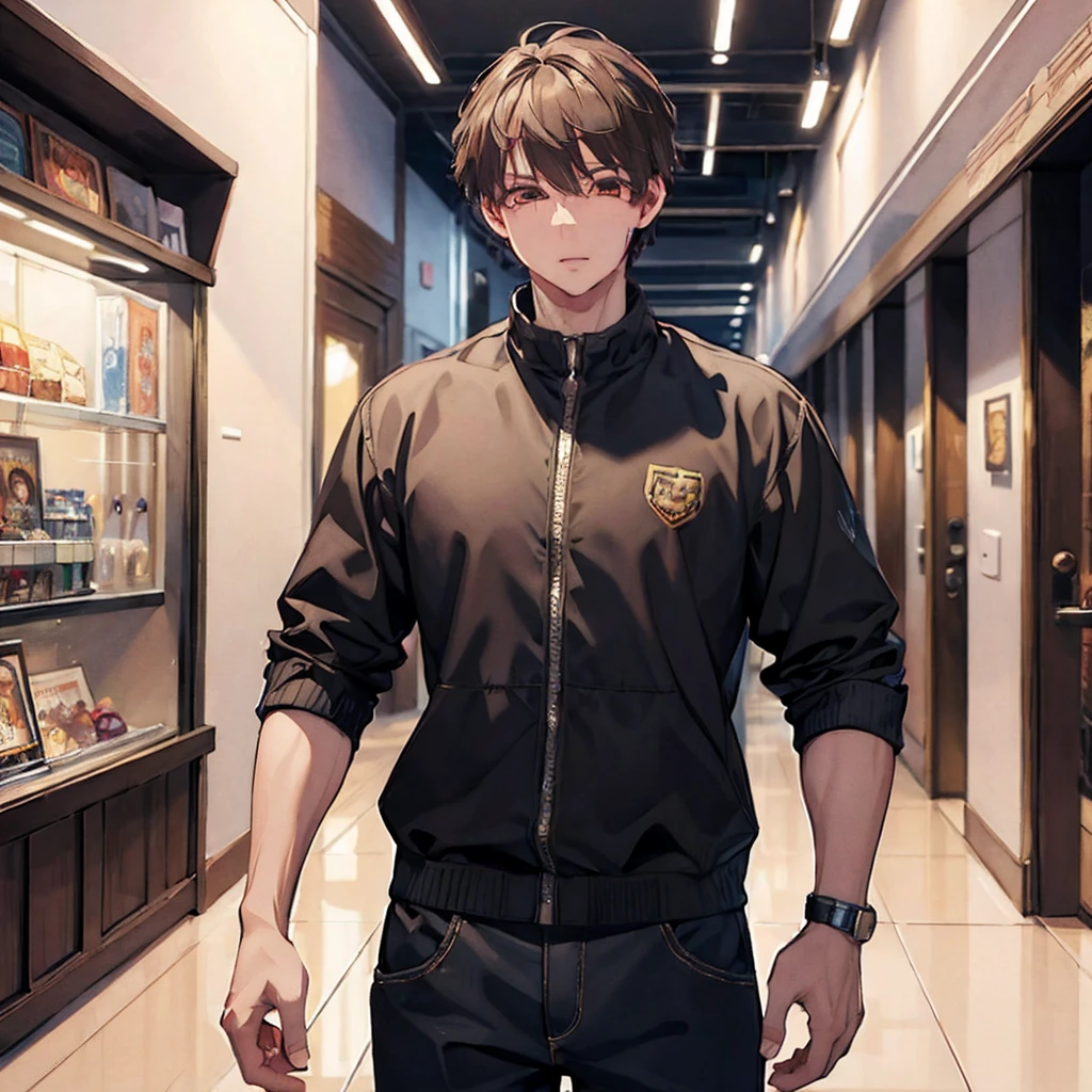 masterpiece, Highest quality, CG games, One boy, alone, Men&#39;s Center, View your viewers, Depth of written boundary, Black Hair, Brown eyes, Red T-shirt, Athletic ability, Thigh-high socks, Skyscraper Gray Pants ,Well-trained muscles like a bodybuilder,Hanako-kun