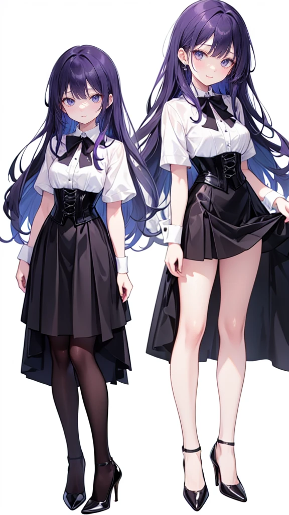 Purple Hair,Super long hair with volume,Adult female,(suit),White Y-shirt,((Rolling up his sleeves)),(corset),(Black skirt),(Slim silhouette skirt),(High heels),Heels are visible,((Simple white background)),smile,((whole body)),((full body)),Character Sheet,