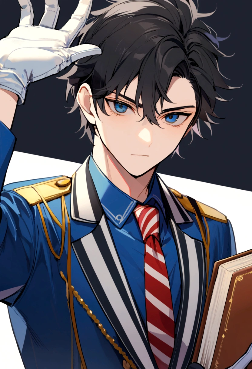 1male, looks like teen, 6,1 tall, military uniform, blue uniform ,dark blue blazer, red tie, holding a book, Messy Black Hair with white stripes, using hand gloves