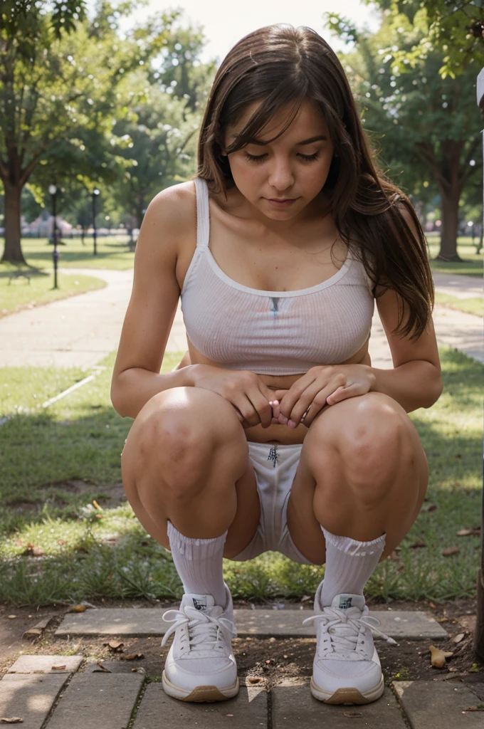 Cute teen girl peeing through her  squatting down in the park    