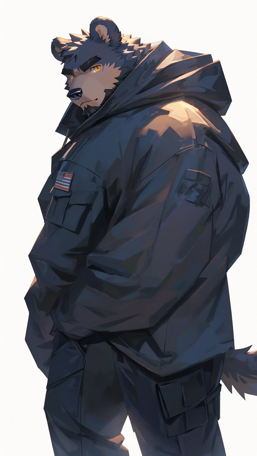 (masterpiece:1.2), best quality,pixiv,official art,perfect anatomy, (Ray tracing, light),solo, (1_male:1.3) , (muscle), (grey fur:1.4), (muscle bear), (beard:1.2), (gleaming golden eyes), bear tail, Thick black eyebrows,(open hooded parka), (t-shirt inside), jeans, (cargo pants:1.2), black shoes, (pure white background: 1.3)