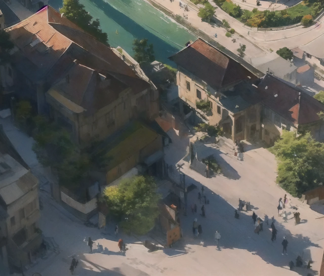 A town,middle Ages，Top view，Next to the square，red roof house,street，Many people walking on the street，Happy Breath，People live in peace， Concept Art, Complex Realism, Real photos of the town, 高度逼真的Concept Art, ismail inceoglu and ngya, Martin Raphael Lacoste, High Detail, 8K