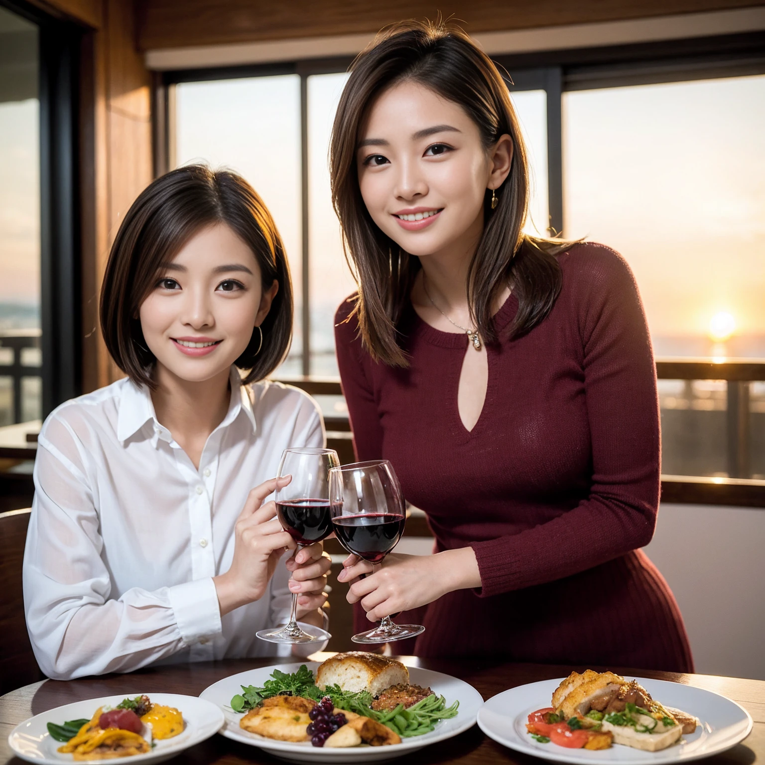 ((Highest quality、8K、masterpiece:1.3))、 (Ultra-realistic、 Genuine、Bright image、Intricate details:1.2), 最高のsmile、Slim Beauty、1 male 1 female、Beautiful couple、love love love、Lover who looks like Uchida Yuki、Good friends、actress couple、smile、Full-course dinner at a packed table、 (Slim face), (the body is slim), (Brown Hair), (short hair), テーブルのwine glass、Please shine a light on my face、 Amazing view of the sunset sky and clouds、 39 years old, red wine 、Appetizers、Wine bottle、sparkling wine、Long sleeve shirt、dress、White wine, red wine, wine glass, 