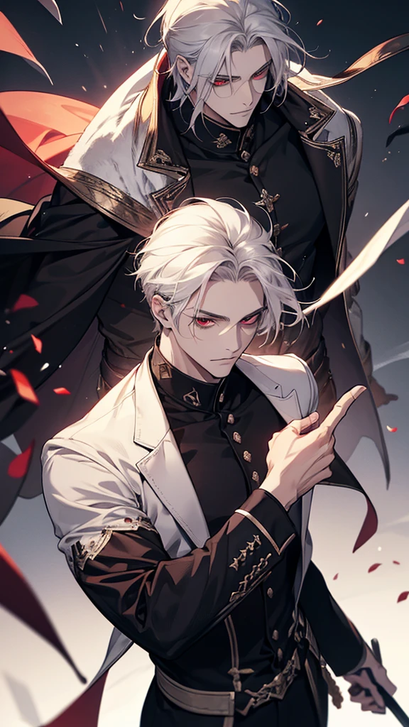 1male, adult, handsome, cruel, man handle sword, ruinscape background, red eyes, long white hair