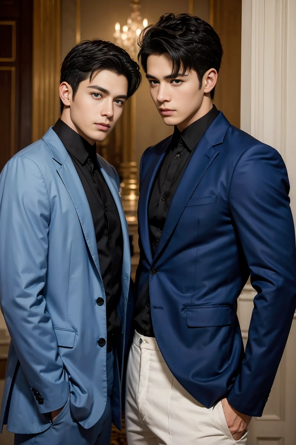 ((masterpiece)),((best quality)),8K,high detail,Very detailed, Very manly，3 men, like，fashion pose, Realistic skin texture, Light,
Royal blue style couple