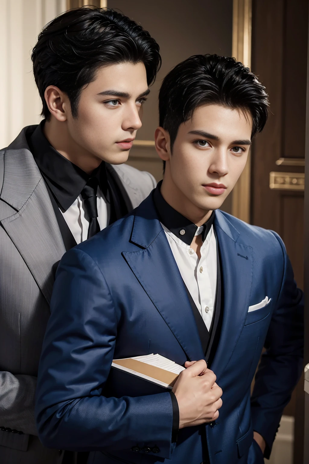 ((masterpiece)),((best quality)),8K,High Detail,Very detailed, Very manly,2 men, like,fashion pose, Real skin texture, Light,
Royal blue style couple