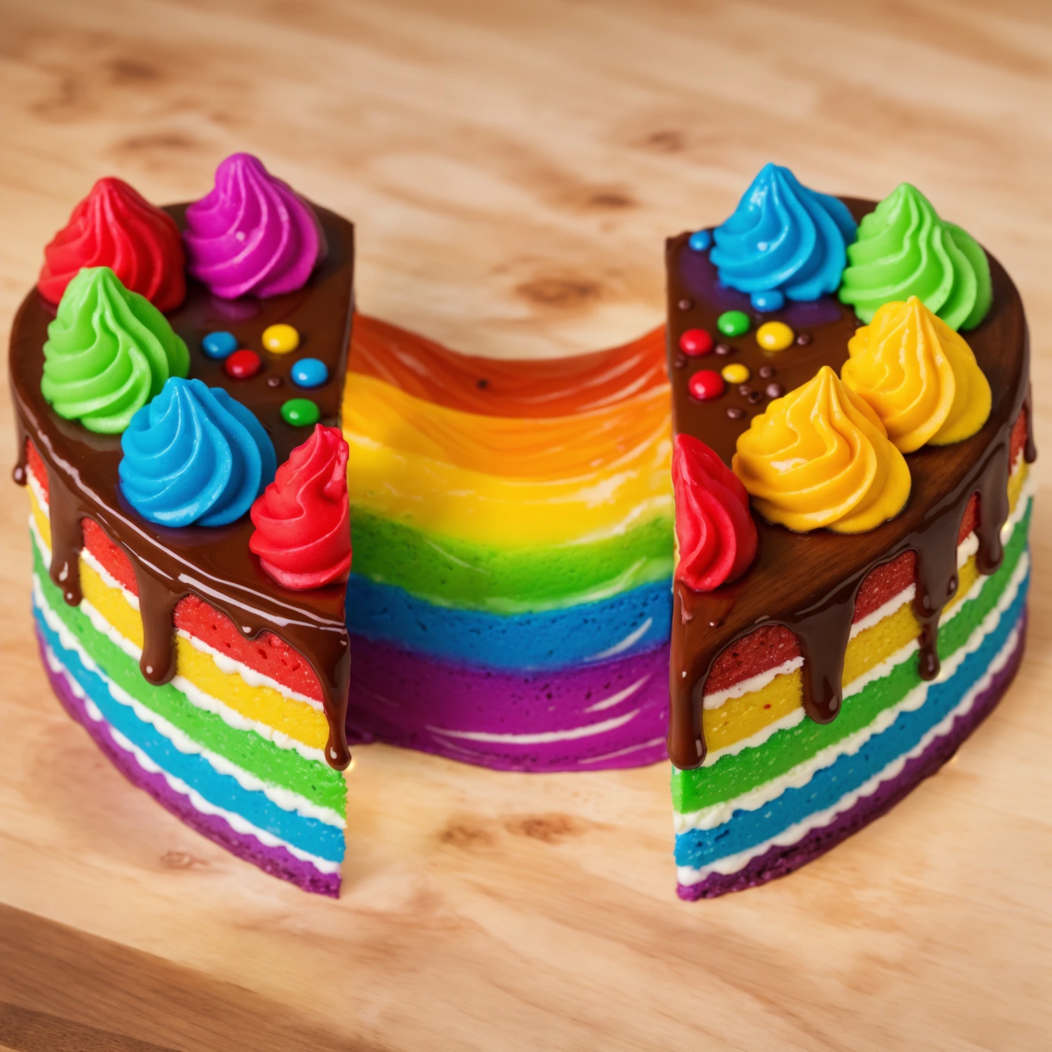 on a wooden table, heart shaped cake,  cut in half.  Rainbow liquid cream flows out of the cake. drips. радужные drips выливаются, realistic picture, Realistic style, realistic textures, bright lighting, beautiful light source, detailed textures, high quality, A high resolution, macro photography, ultra 4k hd.