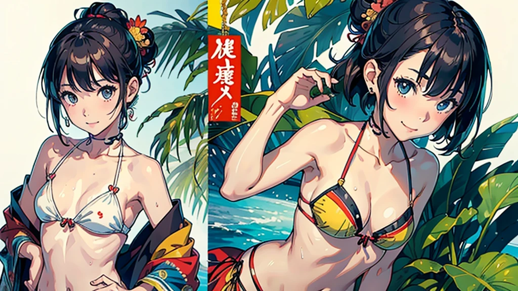 (Highest quality, masterpiece, High resolution)、(Anime Art)、 (reality)、Beautiful Japanese Women、(Two Women)、18-year-old、(Please put your hands on your hips)、(Detailed depiction of a beautiful face)、Smiling Kindly、Small breasts、Slim figure、Medium Short Hair、semi-long、Hair Bun、Wet 水着、bikini、モノキニbikini、A pareo skirt with bold ethnic patterns and plenty of primary colors、Realistic Skin、Wet、whole body、No zoom、No close-ups、Cinematic Light、Tropical colors、(Blank Background)、(White Background)、