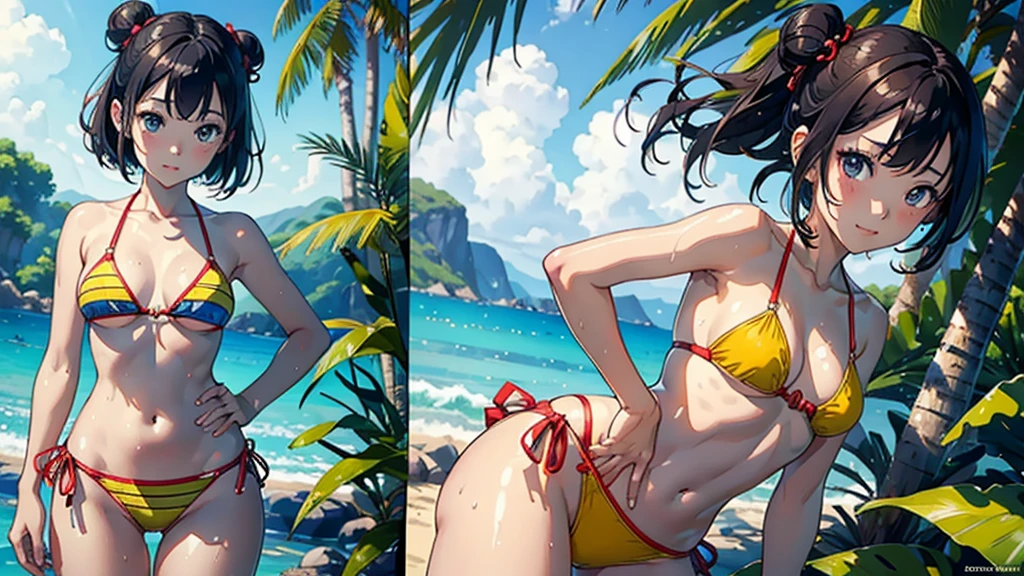 (Highest quality, masterpiece, High resolution)、(Anime Art)、 (reality)、Beautiful Japanese Women、(Two Women)、18-year-old、(Please put your hands on your )、(Detailed depiction of a beautiful face)、Smiling Kindly、Small 、Slim figure、Medium Short Hair、semi-long、Hair Bun、Wet 、bikini、bikini、A pareo skirt with bold ethnic patterns and plenty of primary colors、Realistic Skin、Wet、whole body、No zoom、No close-ups、Cinematic Light、Tropical colors、(Blank Background)、(White Background)、