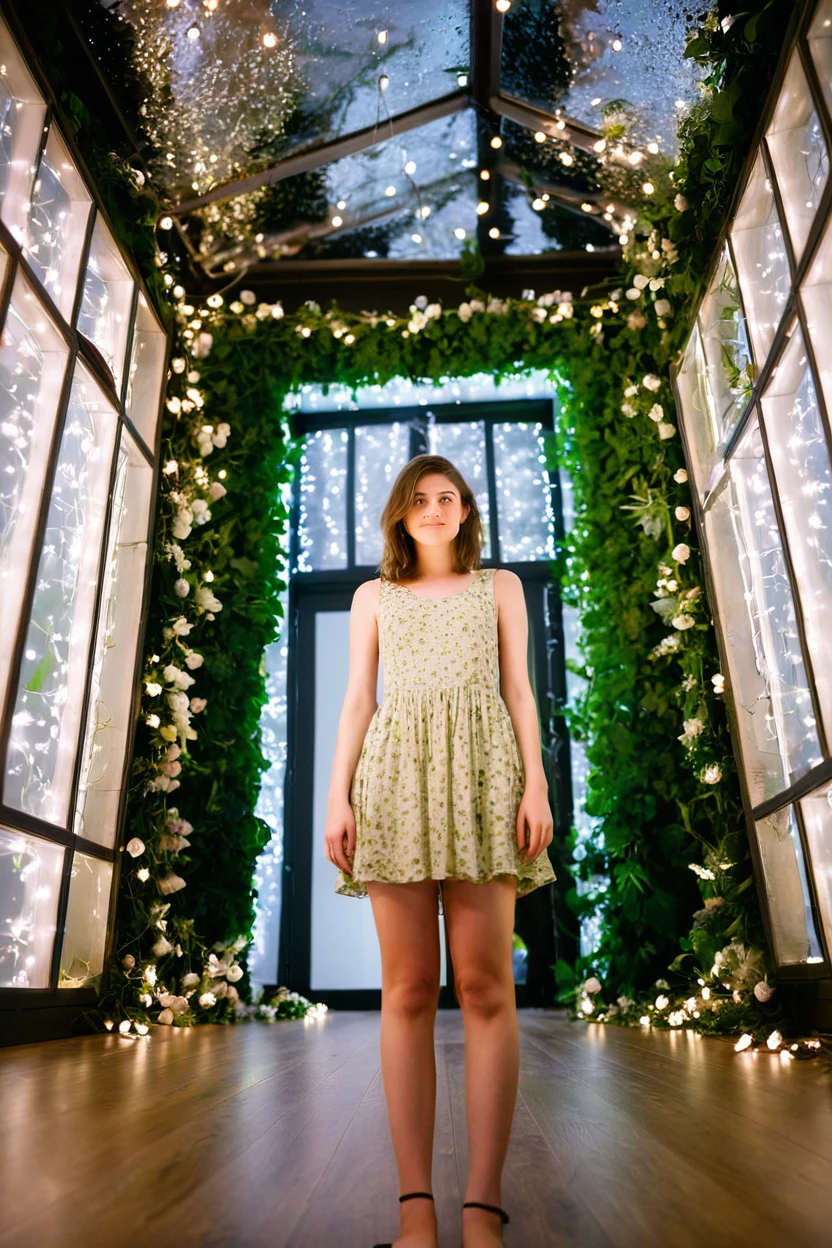 extreme low angle photo taken from below of a young woman with sleeveless dress, standing inside a room full with flowers and green leaves and fairy lights on its walls and ceilings. She is looking at the camera with slight smile. The floor and walls are made from mirrors, creating ethereal reflections.
