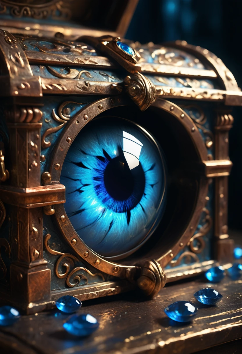  
              A realistic close-up of a glowing blue eye in the half-open gap of a luxurious treasure chest made of gold and copper.(Intricate details) Surface corroded rusty medieval treasure chest with baroque style decorative shine disappearing，There is a blue gem on it,treasure,   Surreal fantasy science fiction absurd perfect composition surreal cinematic  (Dark Magic)high quality, movie lighting, Dramatic atmosphere Delicate and realistic ultra-detailed digital art style