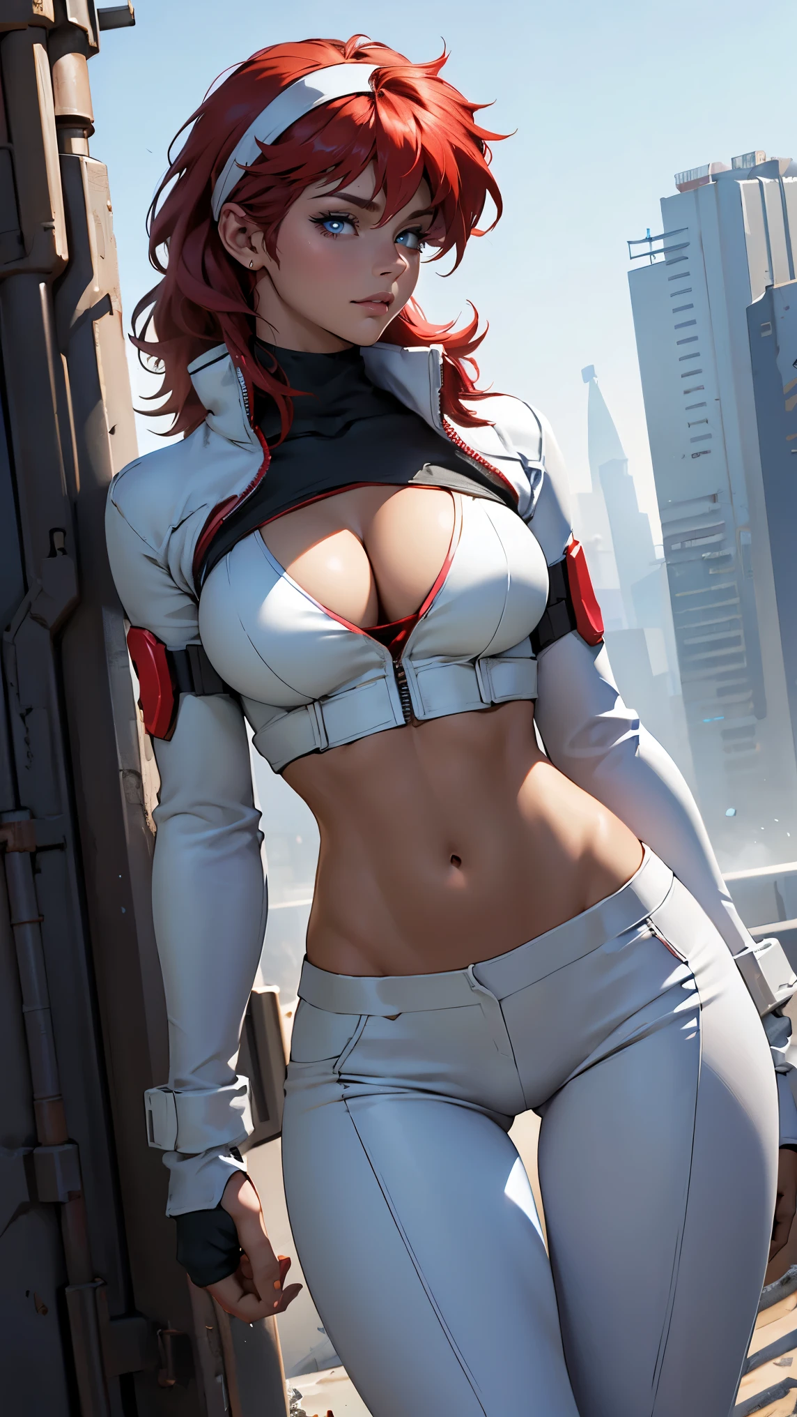 ((Masterpiece, highest quality; 1.3)), super quality, beautiful detail, super detailed, extra fine, 16K, exquisite, absurd, high resolution, beautiful background, detailed background, beautiful eyes, beautiful skin, anime style, Kay from Dirty Pair in a white outfit, tight outfit, cleavage, bushy redhead beauty, very light blue uniform, wearing tight clothes, skimpy, (mid chest: 1.2), cleavage, cleavage, slim waist , thin waist, slim thighs, thin legs, slim legs. thigh gap, showing stomach, skinny, thin hips, cyberpunk city background, holding retro space gun , headband, 