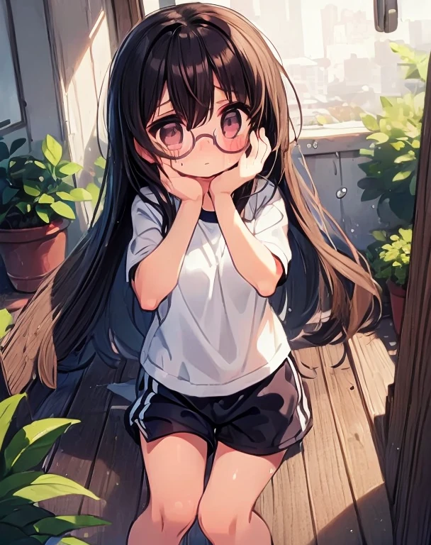 (big round glasses:1.3)、(Timid girl、sorrow、blush、Watery eye:1.2)、Long black hair、White short sleeve shirt、Navy blue shorts、(Gym suit)、  body、Flat body