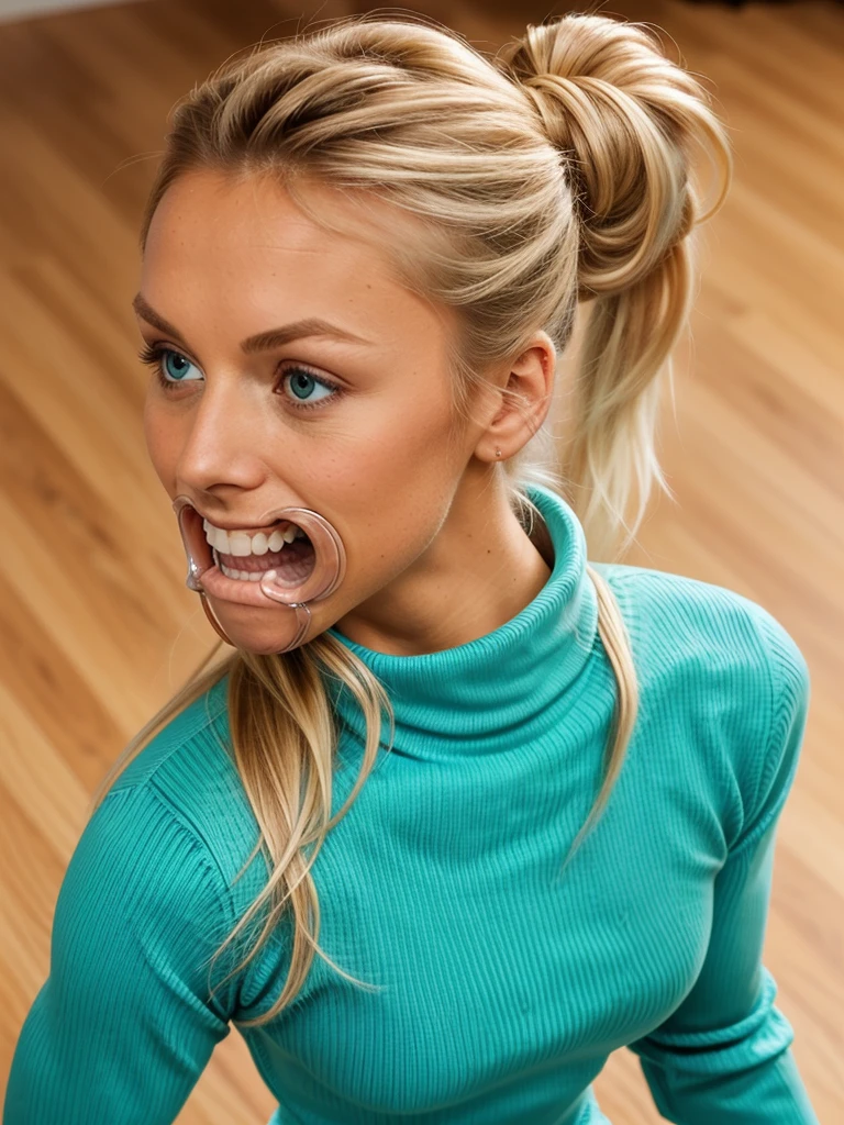 photo of a skinny blonde teen submissive wife messy long hair thrown into a messy bun ponytail. She wears: (turtleneck high ribbed turquoise tight sweater:1.1), submissive seductive pose, high tight ribbed neck, mouth retractor gag,