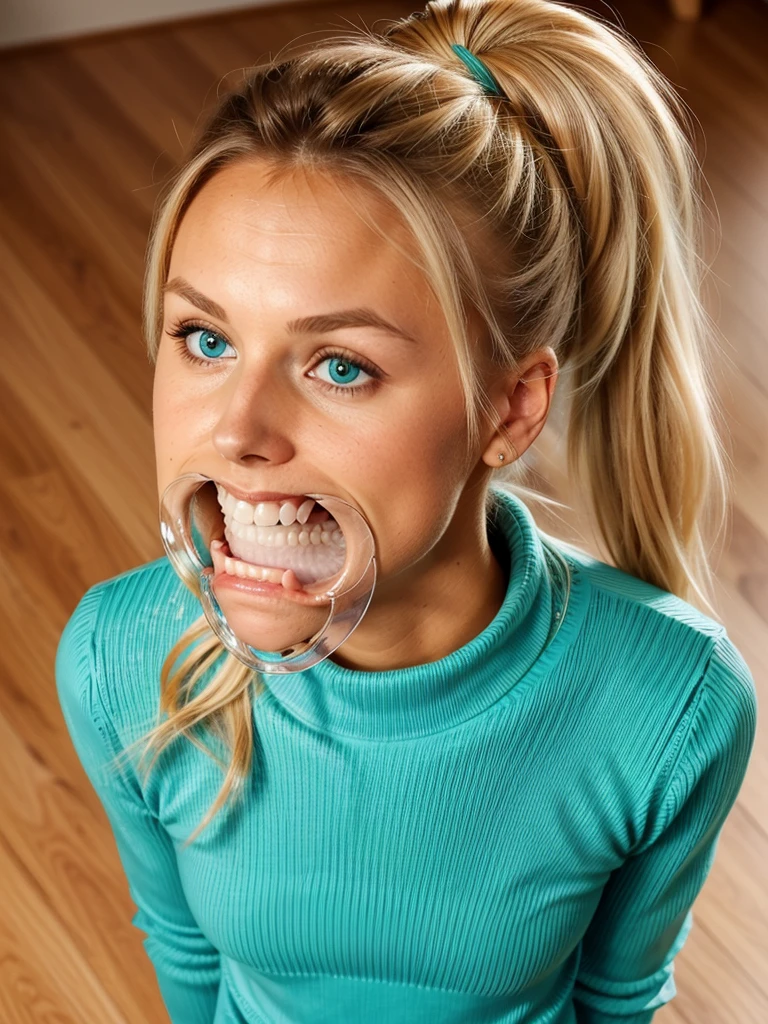 photo of a skinny blonde submissive wife messy long hair thrown into a messy bun ponytail. She wears: (turtleneck high ribbed turquoise tight sweater:1.1), submissive seductive pose, high tight ribbed neck, mouth retractor gag,