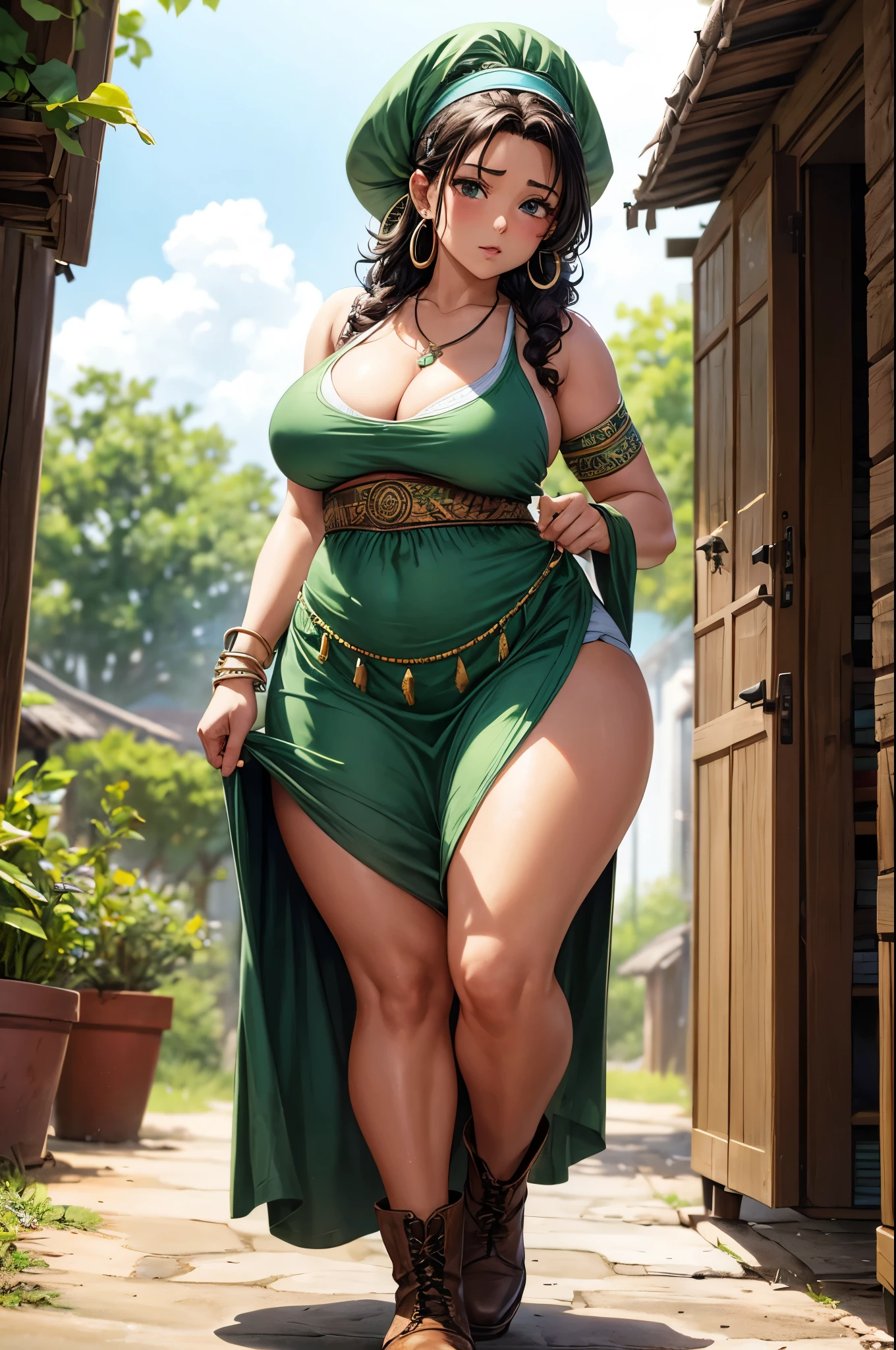 A very tall and voluptuous human female. Your extremely pale skin is sunburned. her breasts are very big. Her waist is very narrow. Your hips are too wide. Your glutes are round and very large. Her dark brown hair is very long and curly. Her hair is partially under a headscarf. She is wearing a very tight and short beige dress with a faded green apron.. She's wearing boots. She lives in a colonial-era settlement on a tropical island. She wears Aztec style earrings. She has Aztec style nose piercings. She has an Aztec style pendant. She has an Aztec style bracelet