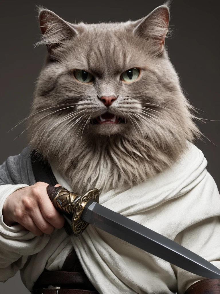 Cat,Holding a sword、Very detailed、(Supersaturation:1.3) . Extremely high resolution detail, photograph, Realism pushed to the limit, Fine texture, Incredibly realistic,Assassin's Creed