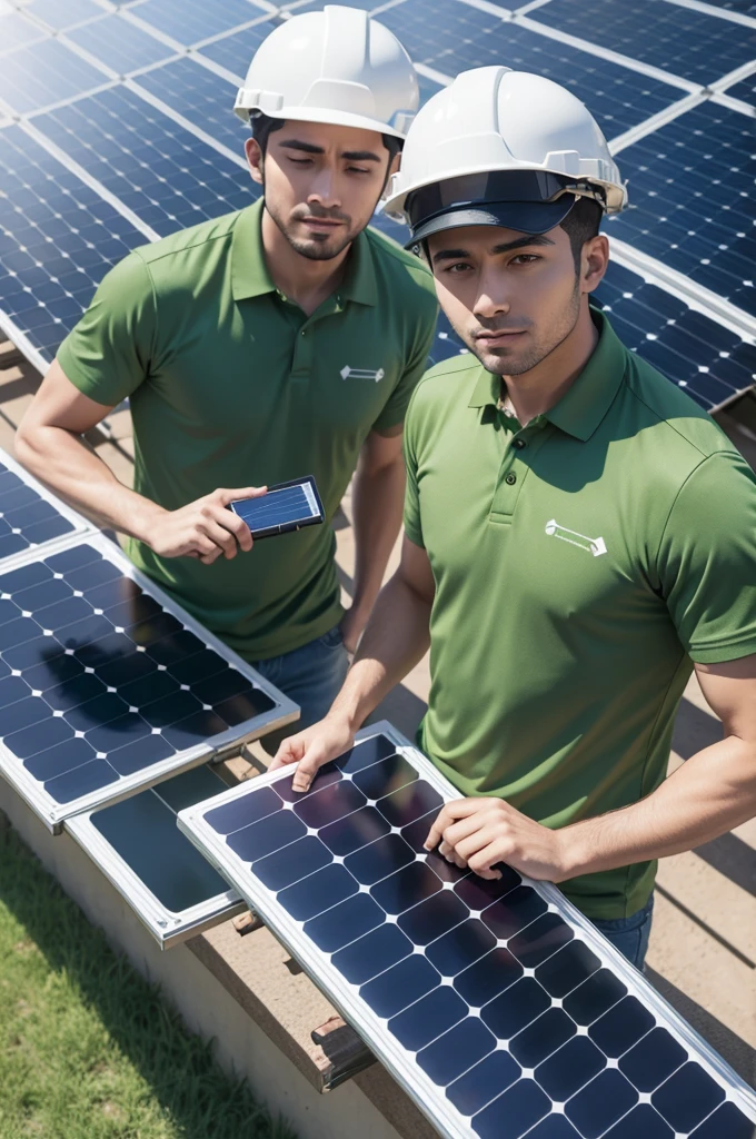 Men in green shirts working with solar panels