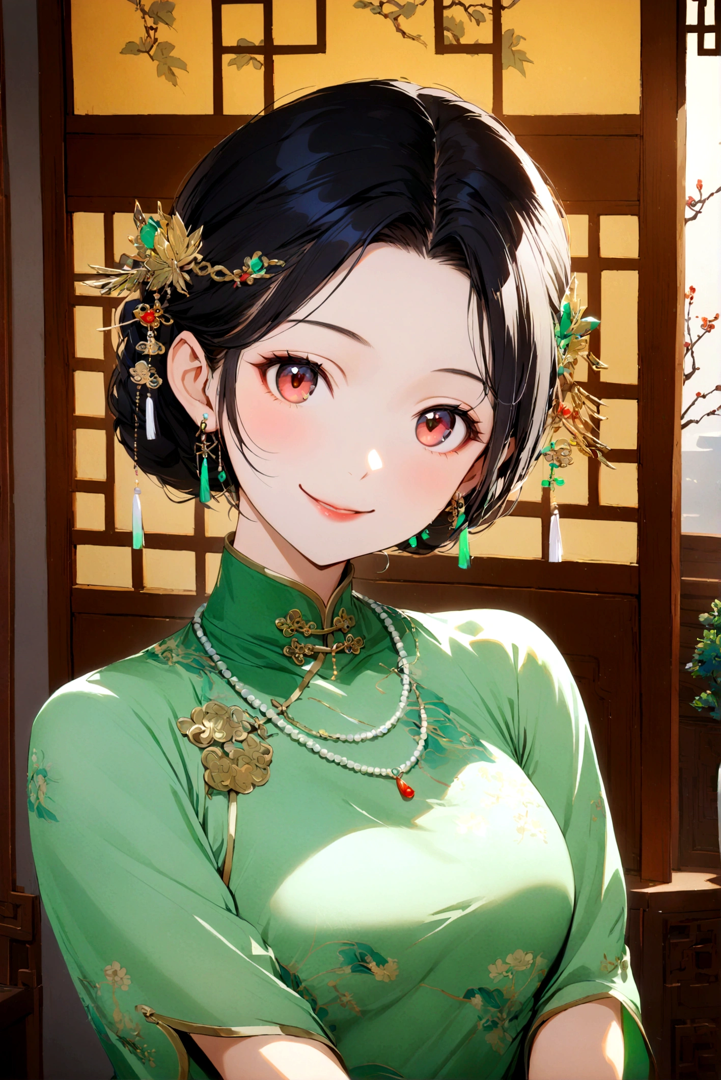 1girl, solo, looking at viewer, smile, black hair, hair ornament, dress, jewelry, upper body, earrings, indoors, necklace, chinese clothes, green dress