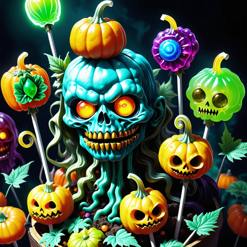 ((realistic,digital art)), (hyper detailed),h4l0w3n5l0w5tyl3DonML1gh7 Mysterious candies fluo coloured lollypops cannabis Scary Portraits Fairy colored candies Haunted School Zombie cannabis Brain Candies Coffin Props Devilish Smile Witches' Brew Glow cannabis leaves Playing Halloween-Themed Games,
