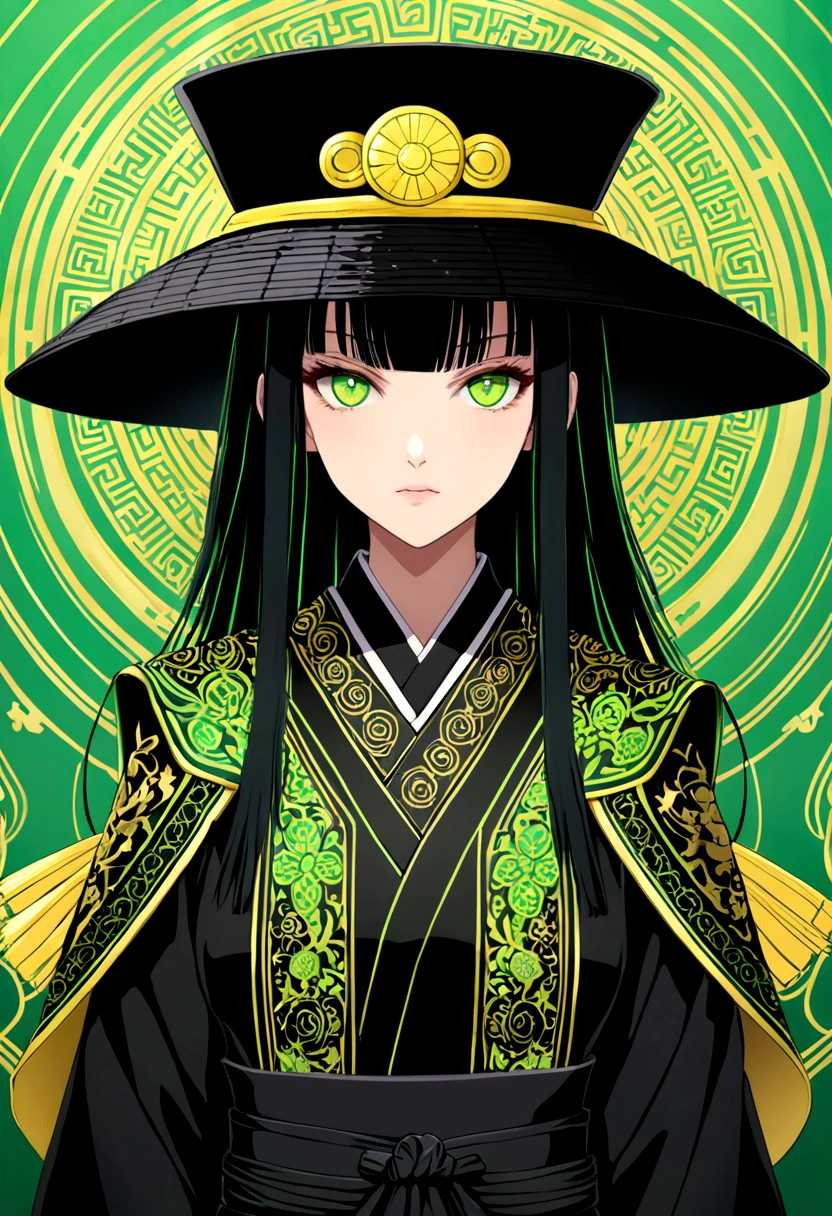 1 gatora, neon green eyes, long black hair with bangs, black samurai hat, green aurea around the body
