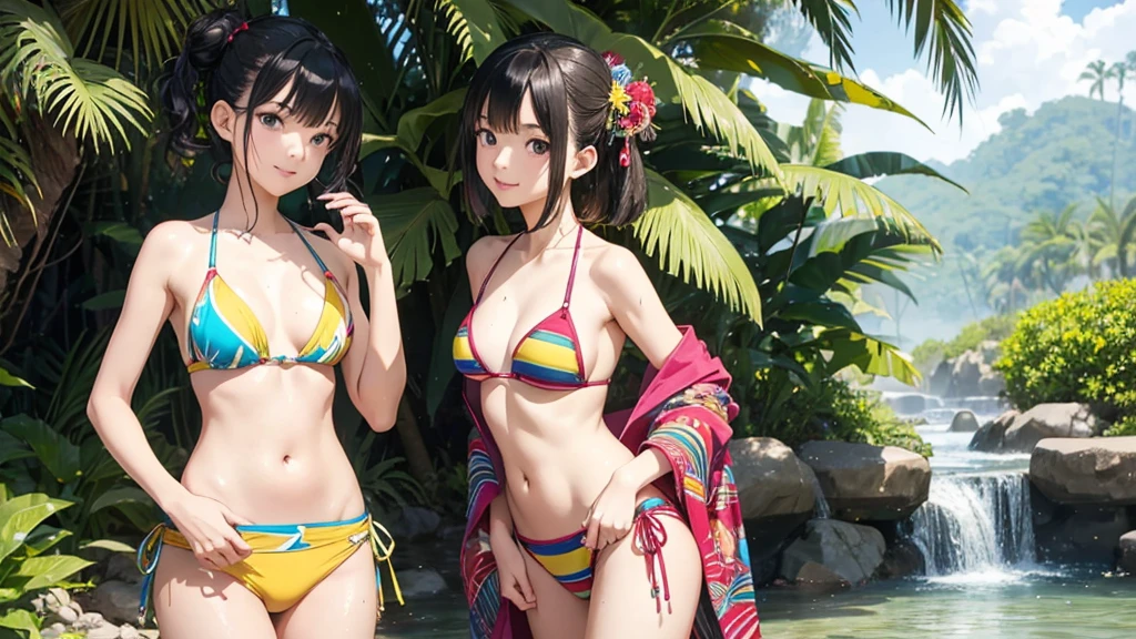 (Highest quality, masterpiece, High resolution)、(Anime Art)、 (reality)、Beautiful Japanese Women、(Two Women)、18-year-old、(Please put your hands on your hips)、(Detailed depiction of a beautiful face)、Smiling Kindly、Small breasts、Slim figure、Medium Short Hair、semi-long、Hair Bun、Wet 水着、bikini、モノキニbikini、A pareo skirt with bold ethnic patterns and plenty of primary colors、Realistic Skin、Wet、whole body、No zoom、No close-ups、Cinematic Light、Tropical colors、(Blank Background)、(White Background)、