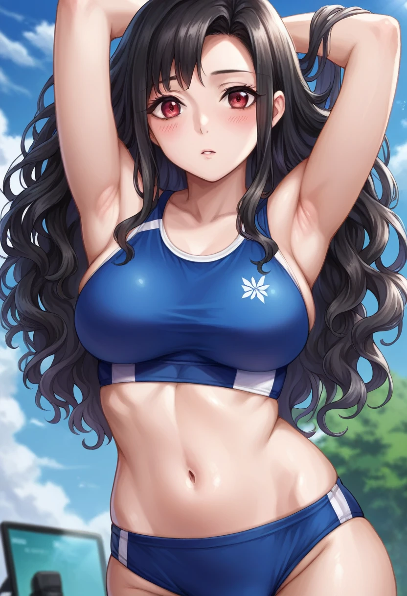 shiny skin,photorealistic, mayumi saegusa, black hair, long hair, wavy hair, ribbon, red eyes, medium breast, a very sexy and nude woman sporting a pair of blue briefs by a computer, breasts, 1girl, navel, l, armpits, large breasts, outdoors, looking at viewer, arms up, solo, bla, sky, day, cameltoe,, blush, bangs, sports bra, stomach, buruma, blue sky
