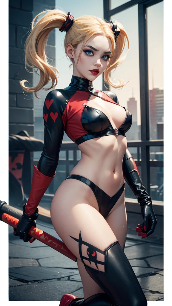Harley Quinn, sexy woman,DC comics,small, half naked,harlequin costume, red and black, dressed in a red and black harlequin costume, red hearts letter, joker card, YOUNG, super skynny body, small and beautiful buttocks, toned abdomen, small and beautiful breasts, gloves, Boots, he has a giant hammer in his hand, pose sexy, malevolent, obscene, powerful, super sensual, Dramatic background, In the background is Arkham Asylum on fire, Apocalyptic atmosphere, joker, sensual look, beautiful blue eyes, classic two pigtails hairstyle,Hair dyed in bright blonde color, best quality,4k,8k,A high resolution,masterpiece,ultra detailed,Realistic, Photorealistic,photo realistic