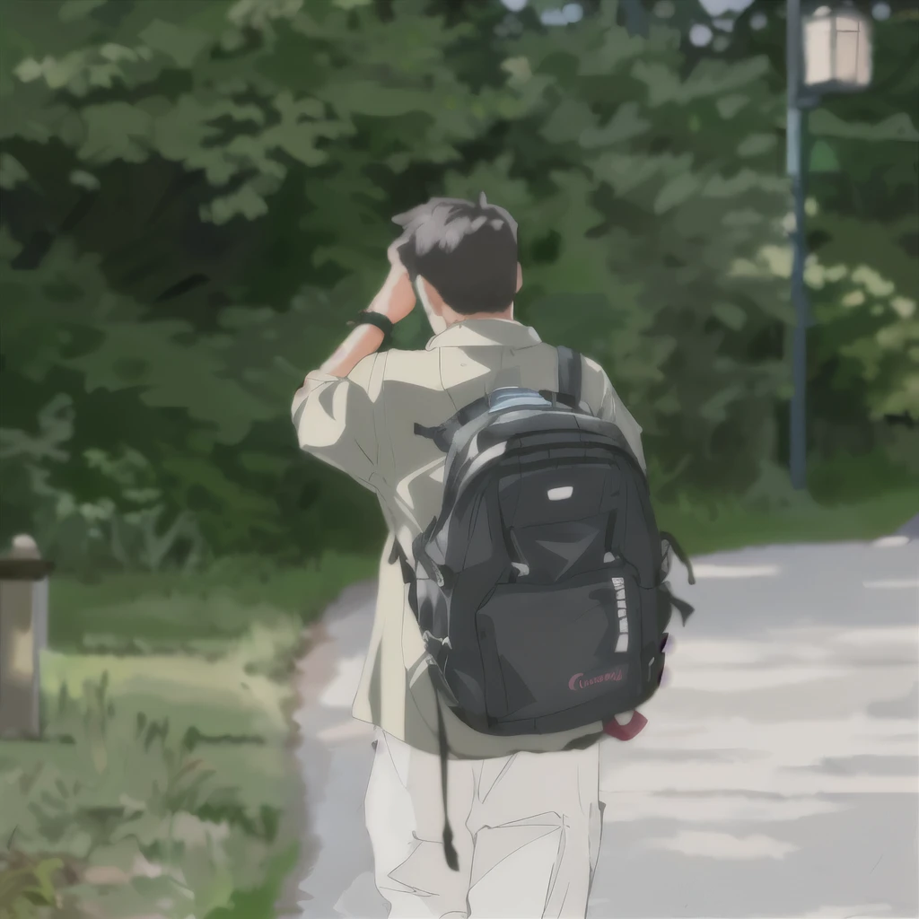 there is a man walking down the road with a Backpack on his back, with a Backpack, a man wearing a Backpack, the man have a Backpack, Shot with Canon 80D, Backpack, Shot with Canon EOS 5D, Back to Camera, Characters in the foreground, Daily Carry, a Backpack, Shot with Canon EOS 5D mark iv，（Line 1.5）（Bright 1.5）（Warm color 1）