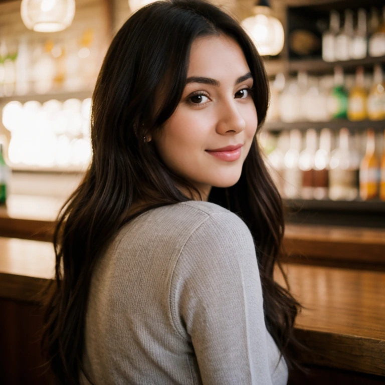 8k, best quality, realistic photos, realistic details, clear face, delicate  features, real skin shine, a cute girl, shy, facing the camera, girl sitting in a bar in a gray fishnet sweater and tight denim, clear bar background, sea view, arms on bar counter, , slim body, , 24 years old, charming,  eyes