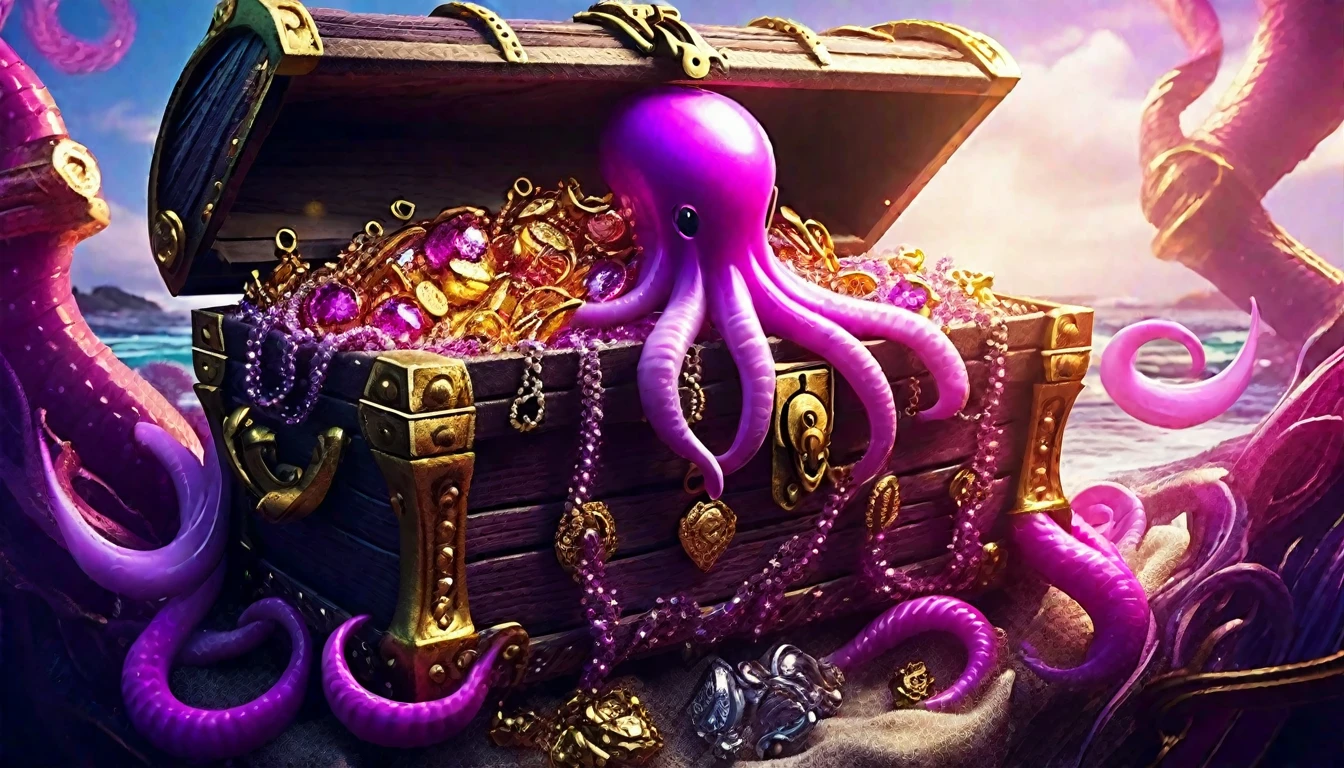 pink and purple tentacles extend from inside a treasure chest filled with gold and silver treasures.