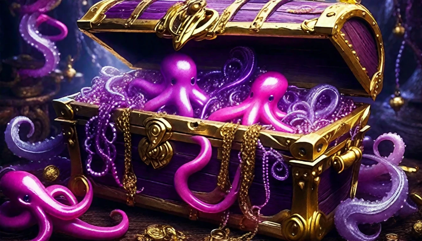 pink and purple tentacles extend from inside a treasure chest filled with gold and silver treasures.