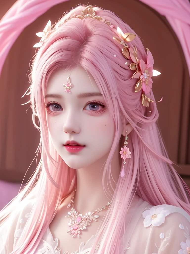 best quality, masterpiece, High target, There is a girl with a basket of flowers on her head, beautiful clothes, Hair Decorationss, necklace, Decorations, Pretty Face, When the body, Tyndall effect, Realistic Portraits, Edge lighting, Two-color light, (Very delicate skin:1.2), 8K uhd, Digital SLR Camera, Soft Light, high quality, Volumetric Lighting, Honest, photo, high resolution, 4K, 8K, Bokeh, Pink hair，pink hair tips, Pink Eyes.