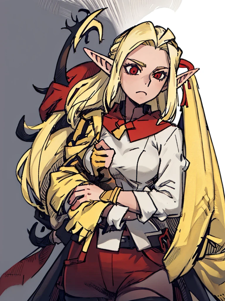 A female elf，front,((Half Body),(Long blond hair，Archer)),Pointed ears，Red Cape，beauty，kindly，Solid color background，White background