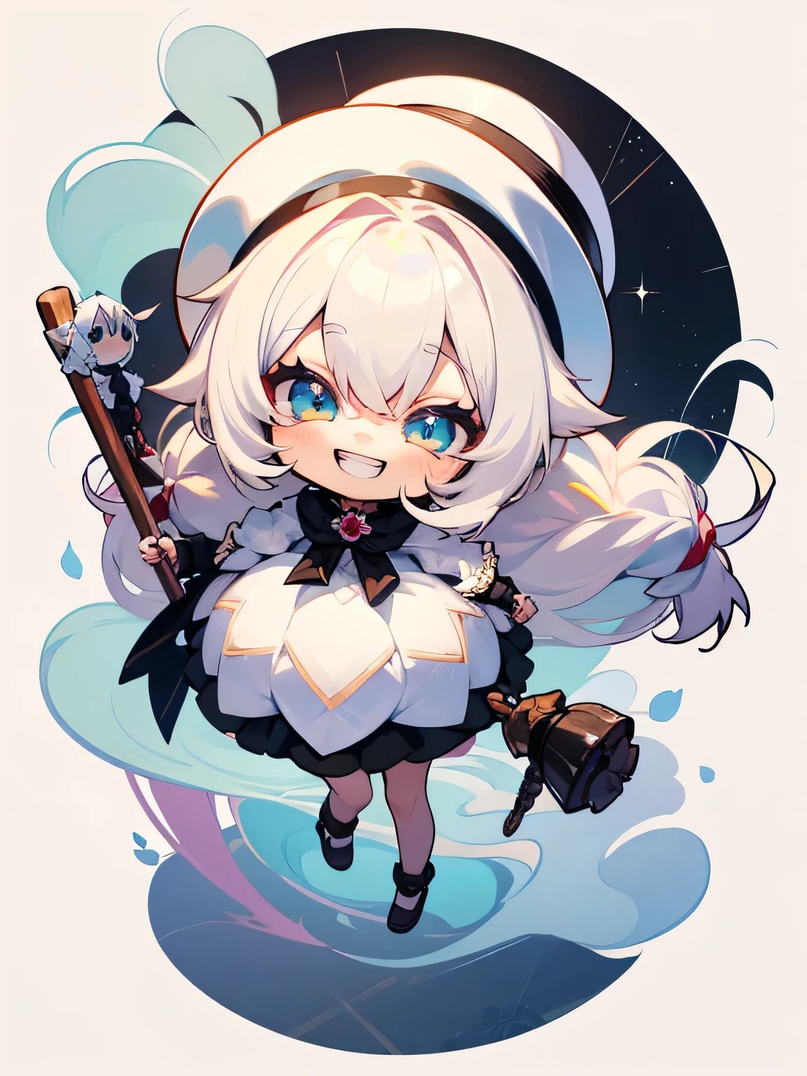 ((chibi)),full body,multi braids hair, white chocolate color hair,tsurime,grin,round fluffy dress, white chocolate color gentle hat, white cane,