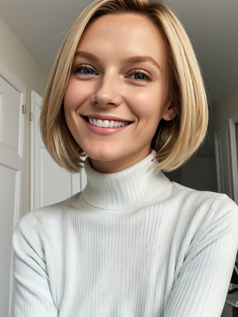 photo of a skinny blonde teen submissive wife, bob style hair, She wears: (turtleneck high ribbed bright white tight sweater:1.1), submissive seductive pose, high tight ribbed neck, seductive smile, perfect fake tits, turtleneck top