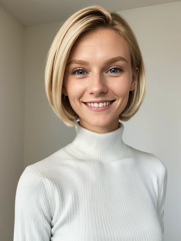 photo of a skinny blonde teen submissive wife, bob style hair, She wears: (turtleneck high ribbed bright white tight sweater:1.1), submissive seductive pose, high tight ribbed neck, seductive smile, perfect fake tits, turtleneck top