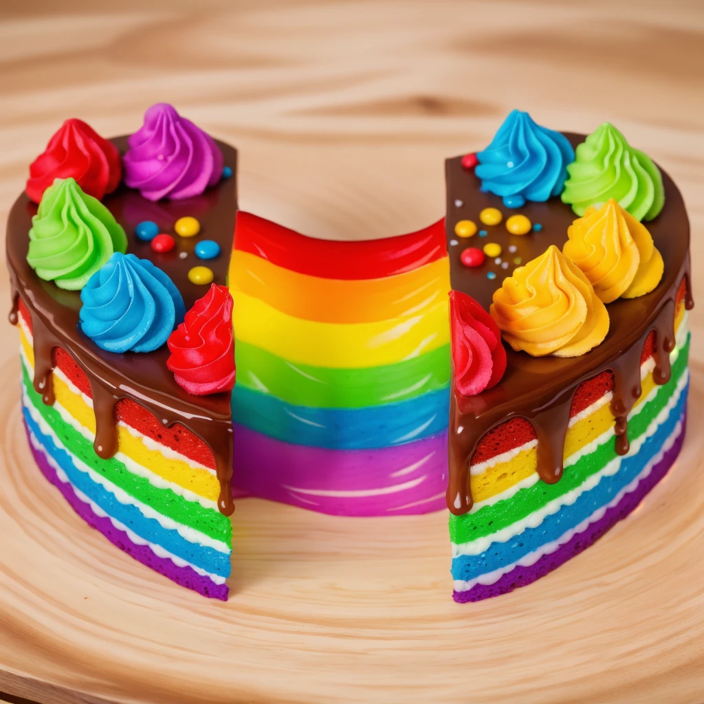 on a wooden table, heart shaped cake,  cut in half.  Rainbow liquid cream flows out of the cake. drips. радужные drips выливаются, realistic picture, Realistic style, realistic textures, bright lighting, beautiful light source, detailed textures, high quality, A high resolution, macro photography, ultra 4k hd.