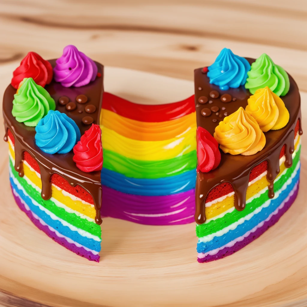 on a wooden table, heart shaped cake,  cut in half.  Rainbow liquid cream flows out of the cake. drips. радужные drips выливаются, realistic picture, Realistic style, realistic textures, bright lighting, beautiful light source, detailed textures, high quality, A high resolution, macro photography, ultra 4k hd.