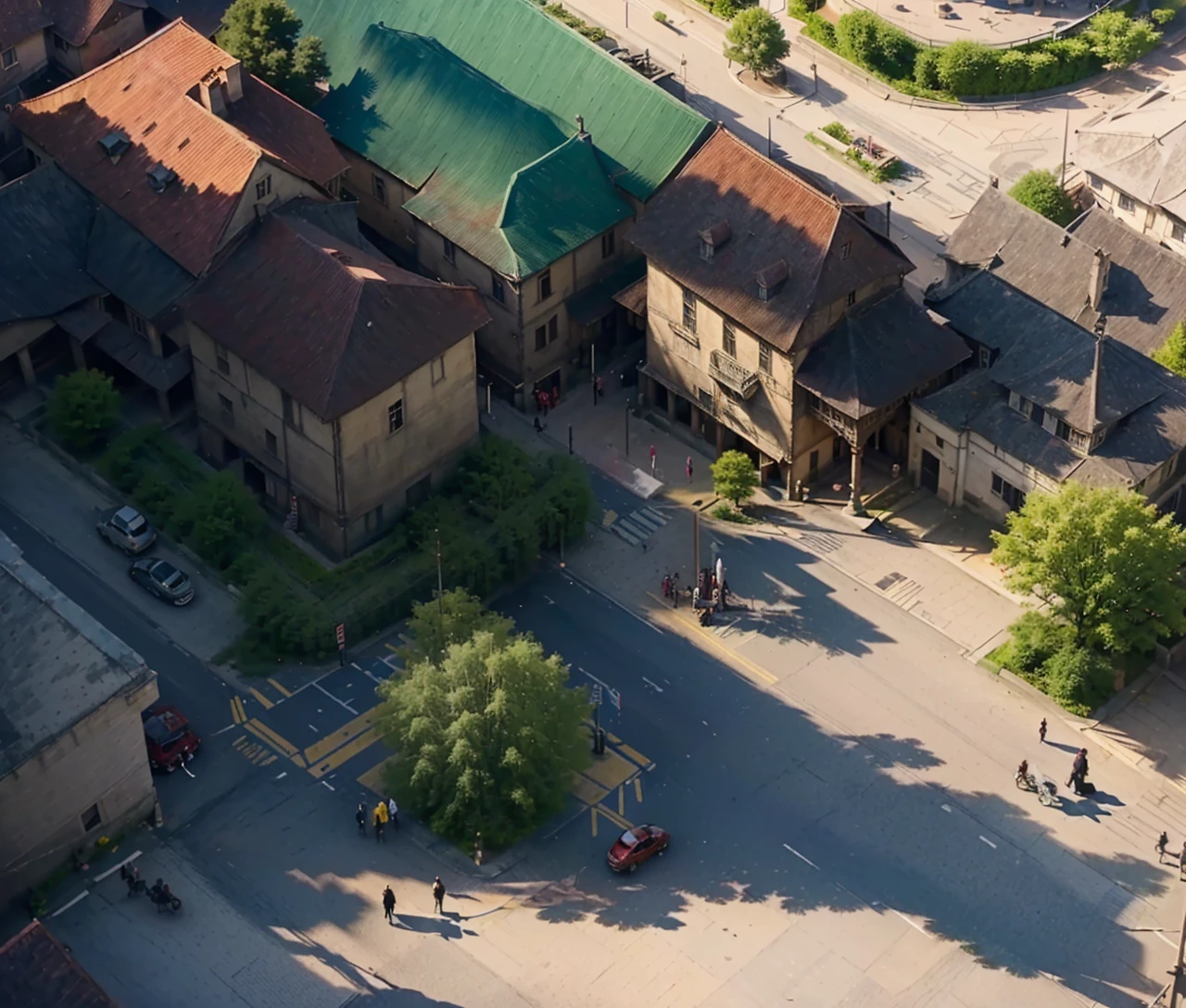 A town,middle Ages,Top view,Next to the square,red roof house,street,Many people walking on the street,Happy Breath,People live in peace, Concept Art, Complex Realism, Real photos of the town, 高度逼真的Concept Art, ismail inceoglu and ngya, Martin Raphael Lacoste, High Detail, 8K