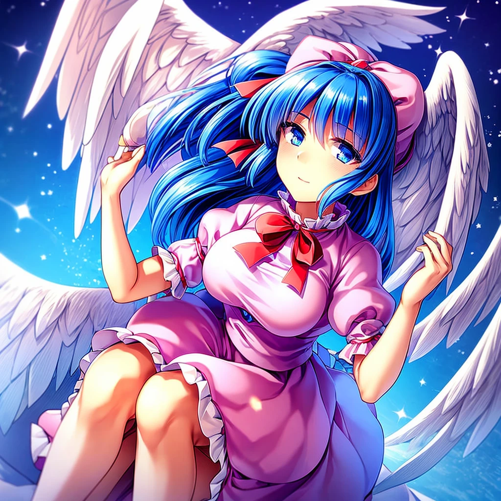 masterpiece, best quality, 1girl, , , , medium blue hair, hair flaps, pink ribbon on head, well-formed face, blue eyes, angel girl, white blouse, puffy short sleeves, red ribbon, angel wings, long white skirt, red shoes, frills, big breasts