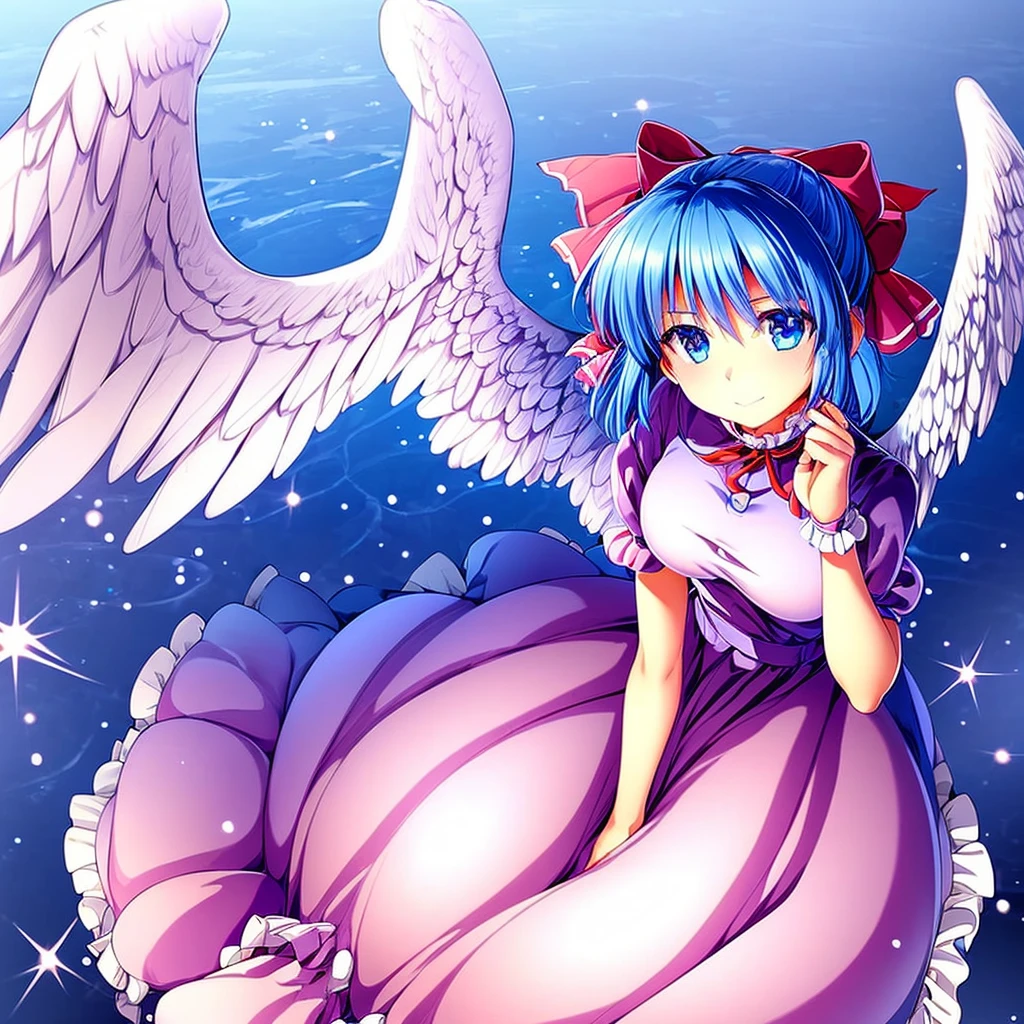 masterpiece, best quality, 1girl, , , 10 years old, medium blue hair, hair flaps, pink ribbon on head, well-formed face, blue eyes, angel girl, white blouse, puffy short sleeves, red ribbon, angel wings, long white skirt, red shoes, frills, big breasts
