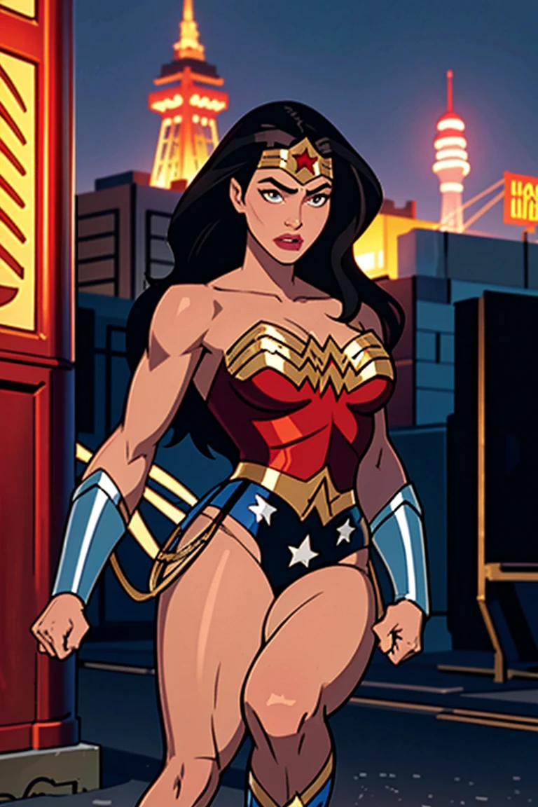 ((highest quality)), ((masterpiece)), (be familiar with), (High definition), (Realistic), (Realistic), (Best Shadow), Low contrast, (Complex:1.4), Side lighting, 8K, ((Denisee Milani)), ((Wonder Woman)), Perfect Face、Detailed、(Accurate hand and finger depiction)、wonder woman、Jet-black.hair、Voluptuous body、big breasts、Narrow waist、Big Ass、Alluring、glamorous、((doing a high kick:1.4))、Tokyo Tower、Night view